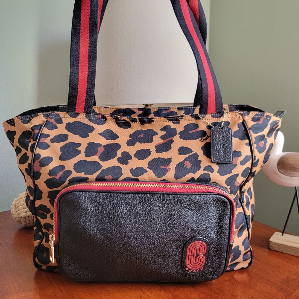 Coach C5668 Court Leopard Print Nylon Leather Tote Shoulder Bag